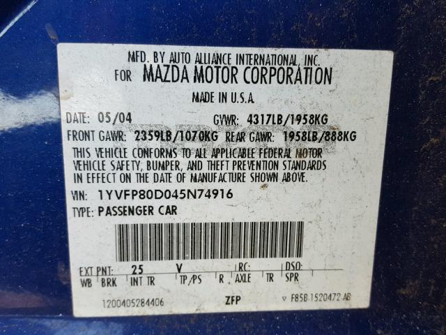 1YVFP80D045N74916 - 2004 MAZDA 6 S BLUE photo 10