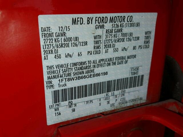 1FT8W3B66GEB66198 - 2016 FORD F350 SUPER RED photo 10