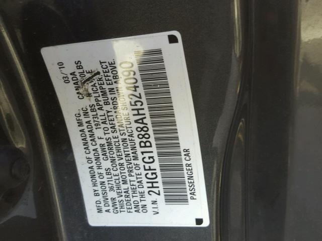 2HGFG1B88AH524090 - 2010 HONDA CIVIC EX 灰色 照片 10