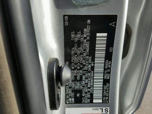 JTEBU14R68K024844 - 2008 TOYOTA 4RUNNER SR SILVER photo 10