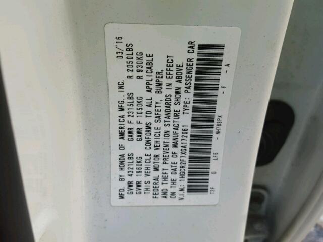 1HGCR2F7XGA172061 - 2016 HONDA ACCORD EX 白色 照片 10