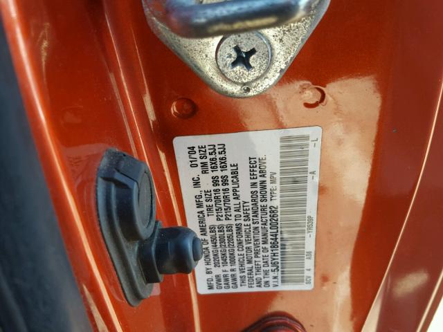 5J6YH18644L002682 - 2004 HONDA ELEMENT EX ORANGE photo 10