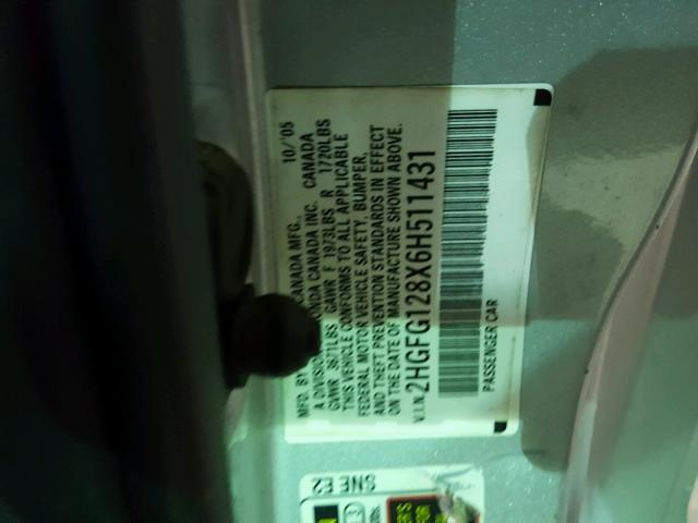 2HGFG128X6H511431 - 2006 HONDA CIVIC EX ვერცხლისფერი ფოტო 10