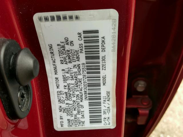 1NXBR32E97Z875519 - 2007 TOYOTA COROLLA CE RED photo 10