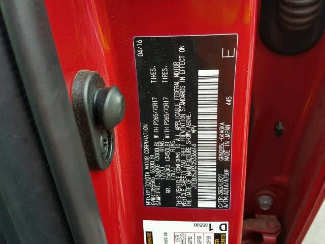 JTEBU5JR3G5336614 - 2016 TOYOTA 4RUNNER SR RED photo 10