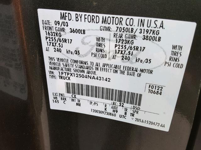 1FTPX12504NA43142 - 2004 FORD F150 GRAY photo 10