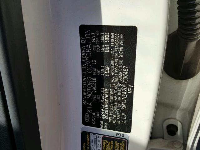 KNDJN2A20F7136467 - 2015 KIA SOUL WHITE photo 10