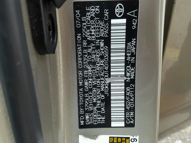 JTDKB20U140103659 - 2004 TOYOTA PRIUS GOLD photo 10