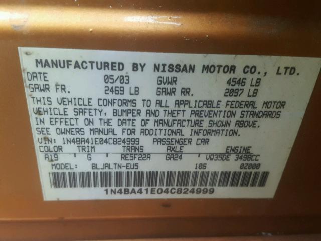 1N4BA41E04C824999 - 2004 NISSAN MAXIMA SE ORANGE photo 10