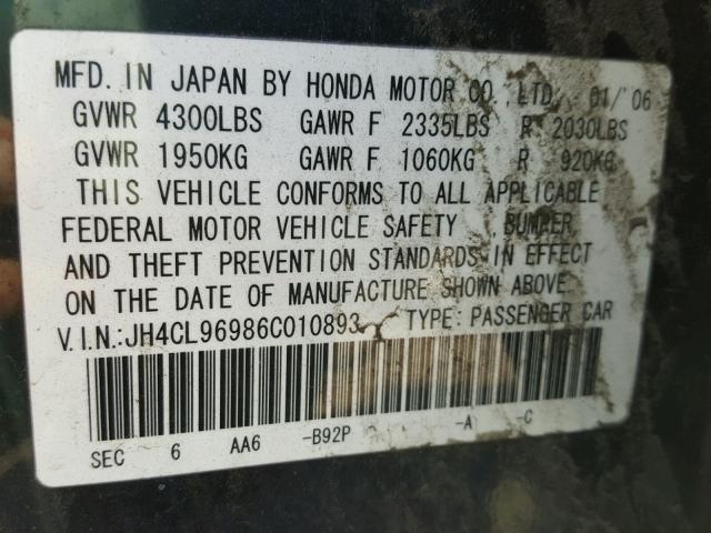 JH4CL96986C010893 - 2006 ACURA TSX BLACK photo 10