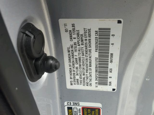 2HGFG1B8XBH515702 - 2011 HONDA CIVIC EX ვერცხლისფერი ფოტო 10