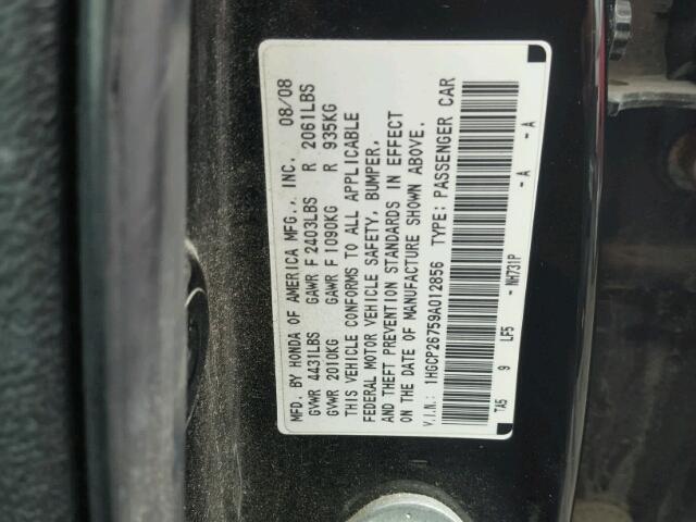 1HGCP26759A012856 - 2009 HONDA ACCORD EX BLACK photo 10