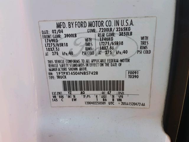 1FTPX14504NB57428 - 2004 FORD F150 WHITE photo 10