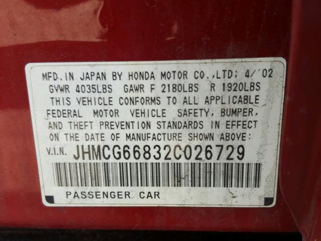 JHMCG66832C026729 - 2002 HONDA ACCORD EX RED photo 10