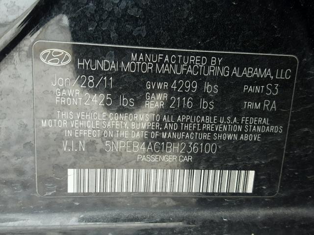 5NPEB4AC1BH236100 - 2011 HYUNDAI SONATA GLS BLACK photo 10