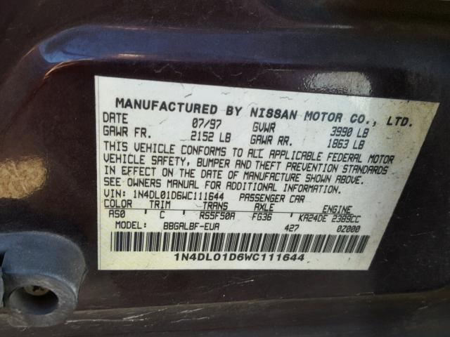 1N4DL01D6WC111644 - 1998 NISSAN ALTIMA XE MAROON photo 10