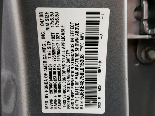 5J6RE48758L015308 - 2008 HONDA CR-V EXL SILVER photo 10