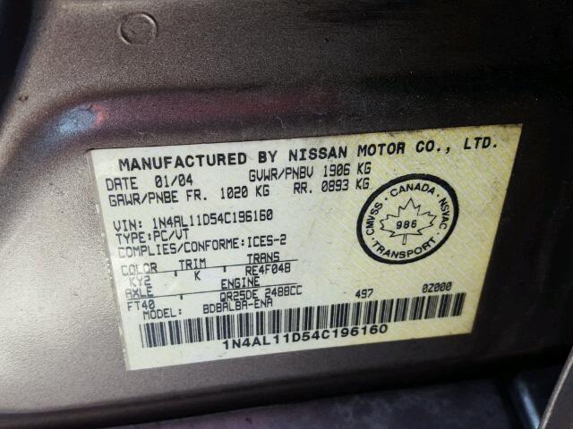 1N4AL11D54C196160 - 2004 NISSAN ALTIMA BAS GRAY photo 10