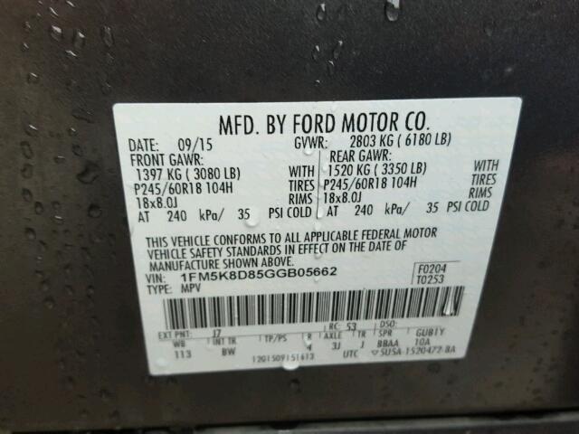 1FM5K8D85GGB05662 - 2016 FORD EXPLORER X GRAY photo 10