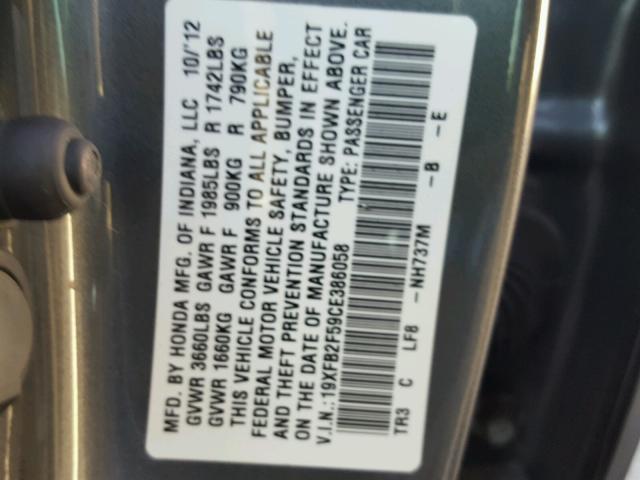 19XFB2F59CE386058 - 2012 HONDA CIVIC LX GRAY photo 10