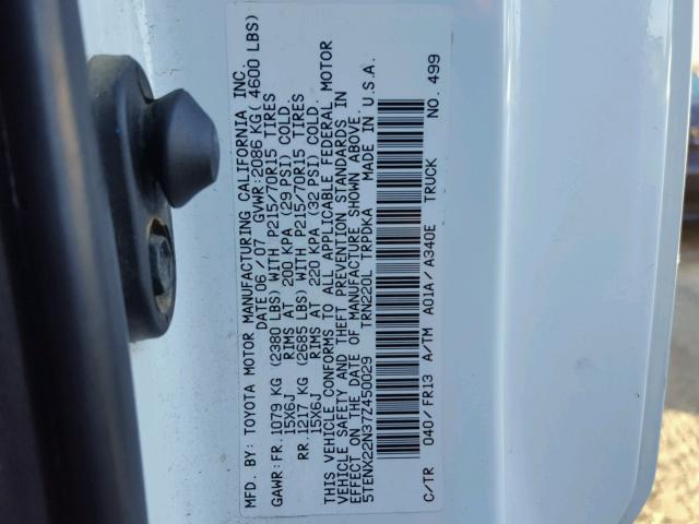 5TENX22N37Z450029 - 2007 TOYOTA TACOMA WHITE photo 10