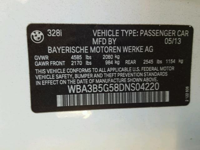 WBA3B5G58DNS04220 - 2013 BMW 328 XI SUL WHITE photo 10