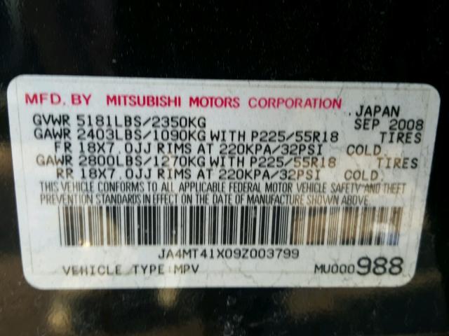 JA4MT41X09Z003799 - 2009 MITSUBISHI OUTLANDER BLACK photo 10