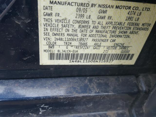 1N4BL11D06N316927 - 2006 NISSAN ALTIMA SE BLUE photo 10