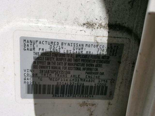 3N1AB7AP5EY251244 - 2014 NISSAN SENTRA S WHITE photo 10