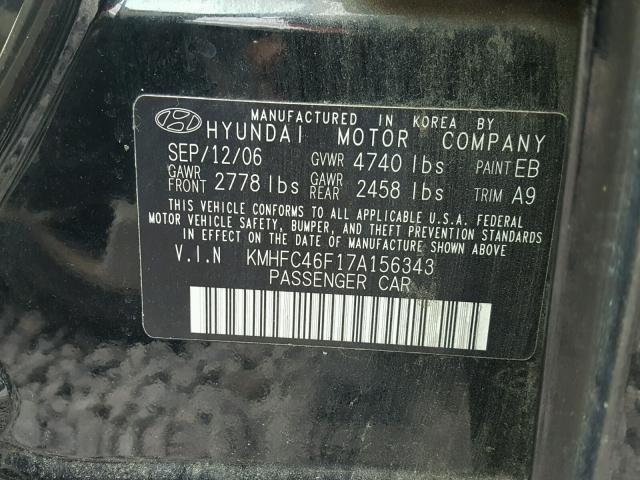 KMHFC46F17A156343 - 2007 HYUNDAI AZERA SE BLACK photo 10