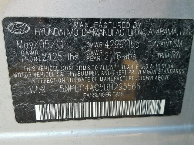 5NPEC4AC5BH295566 - 2011 HYUNDAI SONATA SE SILVER photo 10