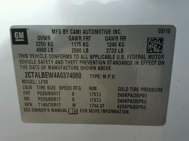 2CTALBEW4A6374080 - 2010 GMC TERRAIN SL WHITE photo 10