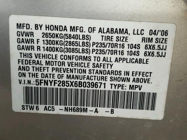 5FNYF285X6B039671 - 2006 HONDA PILOT EX SILVER photo 10