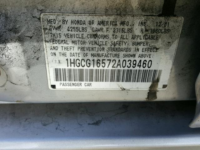 1HGCG16572A039460 - 2002 HONDA ACCORD EX SILVER photo 10