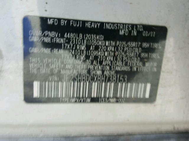 JF2SHBDCXBH738153 - 2011 SUBARU FORESTER 2 WHITE photo 10