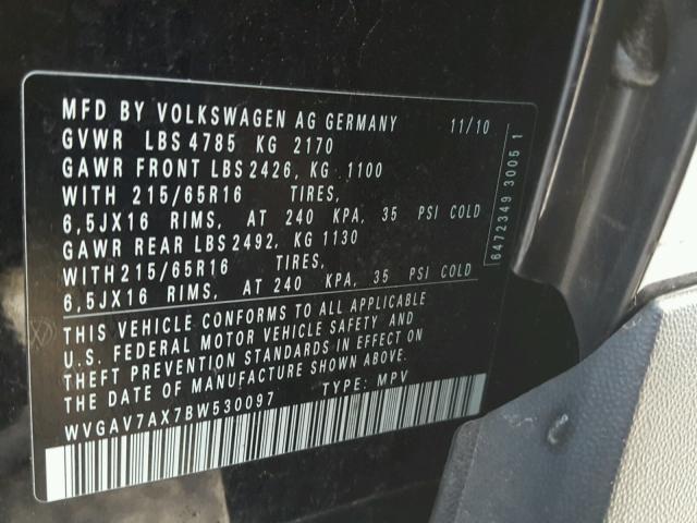 WVGAV7AX7BW530097 - 2011 VOLKSWAGEN TIGUAN S BLACK photo 10