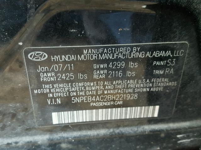 5NPEB4AC2BH221928 - 2011 HYUNDAI SONATA GLS BLACK photo 10