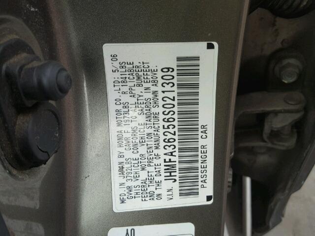 JHMFA36256S021309 - 2006 HONDA CIVIC HYBR GRAY photo 10