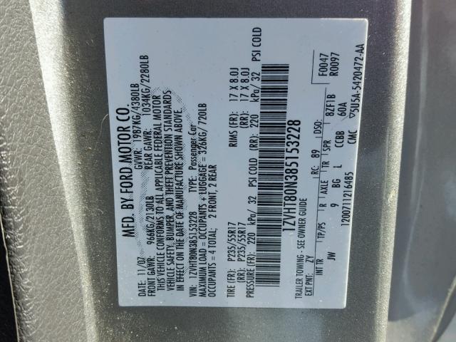 1ZVHT80N385153228 - 2008 FORD MUSTANG SILVER photo 10