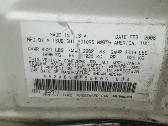 4A3AB36F56E061624 - 2006 MITSUBISHI GALANT ES WHITE photo 10