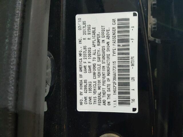 1HGCP2F39AA173115 - 2010 HONDA ACCORD LX BLACK photo 10