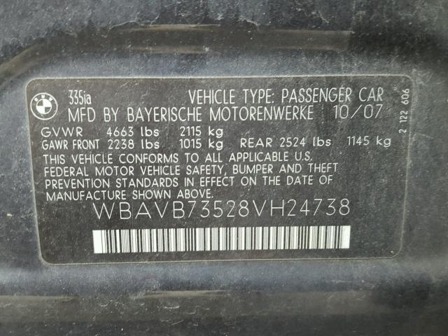 WBAVB73528VH24738 - 2008 BMW 335 I GRAY photo 10