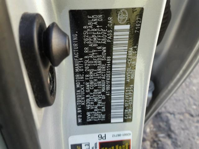 4T1BD1FK0EU114488 - 2014 TOYOTA CAMRY HYBR GRAY photo 10