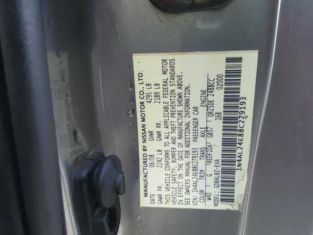 1N4AL24E88C279193 - 2008 NISSAN ALTIMA 2.5 SILVER photo 10