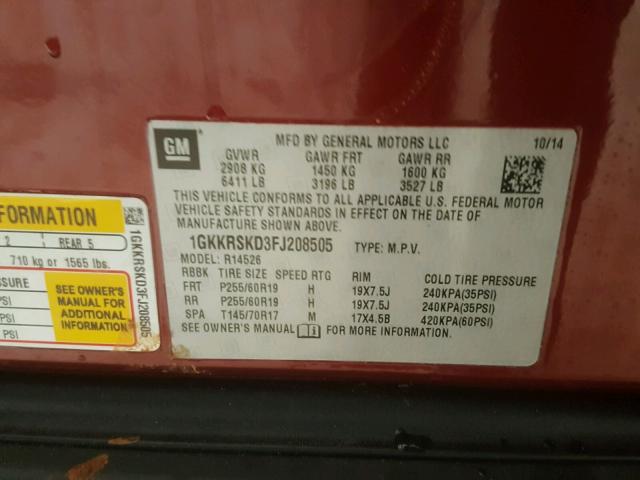 1GKKRSKD3FJ208505 - 2015 GMC ACADIA SLT მუქწითელი ფოტო 10