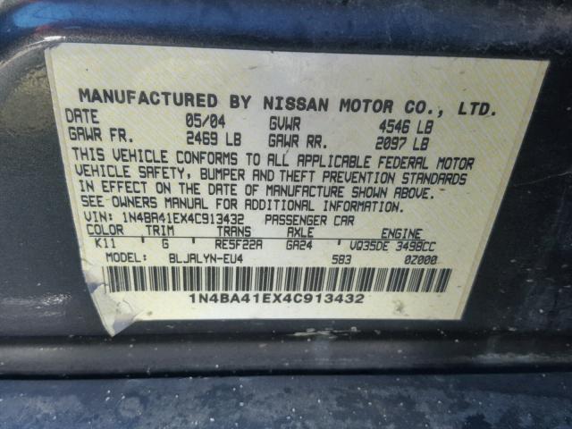 1N4BA41EX4C913432 - 2004 NISSAN MAXIMA SE GRAY photo 10