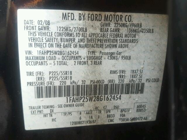 1FAHP25W28G162454 - 2008 FORD TAURUS LIM BLUE photo 10