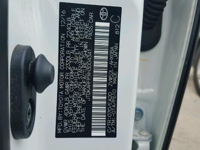 JTDKARFPXH3004341 - 2017 TOYOTA PRIUS PRIM თეთრი ფოტო 10