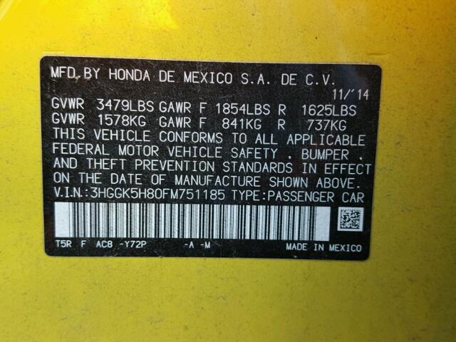 3HGGK5H80FM751185 - 2015 HONDA FIT EX YELLOW photo 10