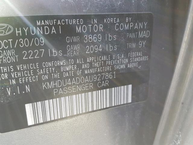 KMHDU4AD0AU927861 - 2010 HYUNDAI ELANTRA BL GRAY photo 10